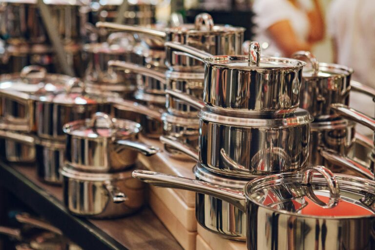 Caraway stainless steel cookware set with saucepan, Dutch oven, and fry pan